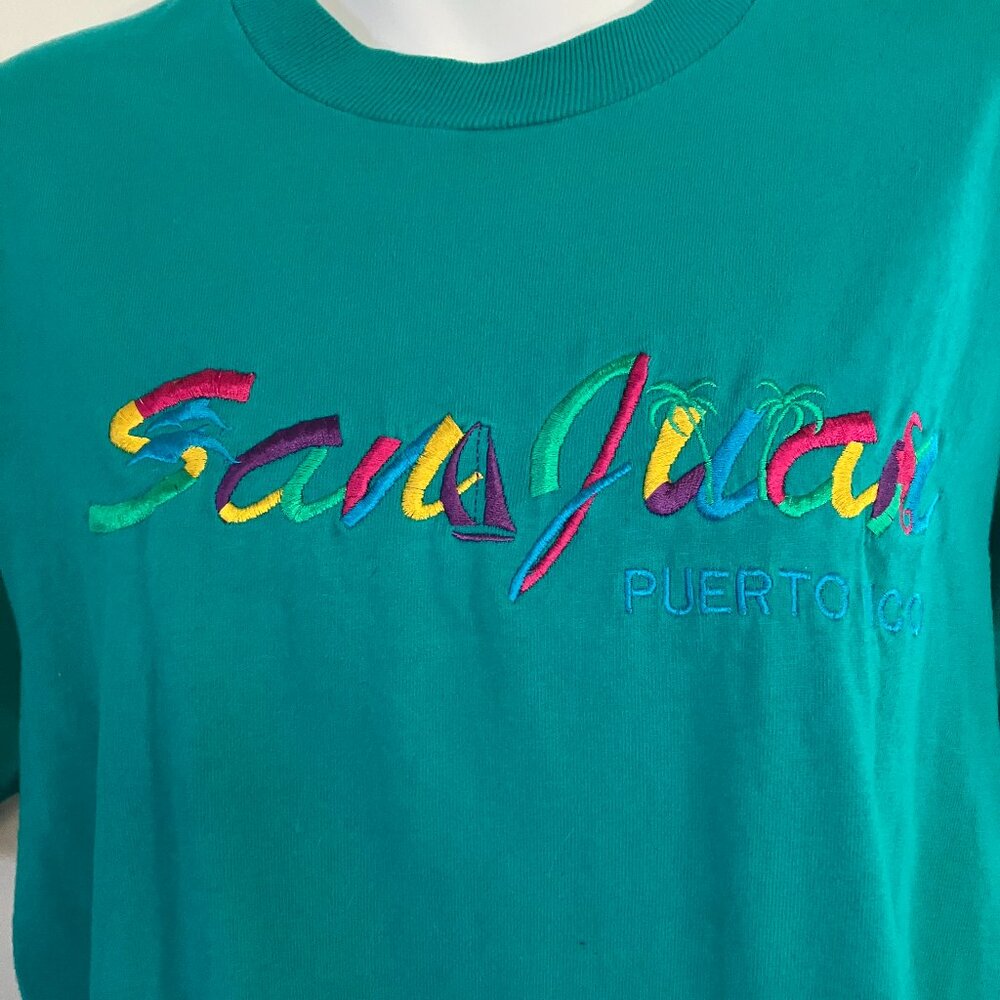 Colorful T-Shirt boldly embroidered with "San Juan, Puerto Rico" Size L